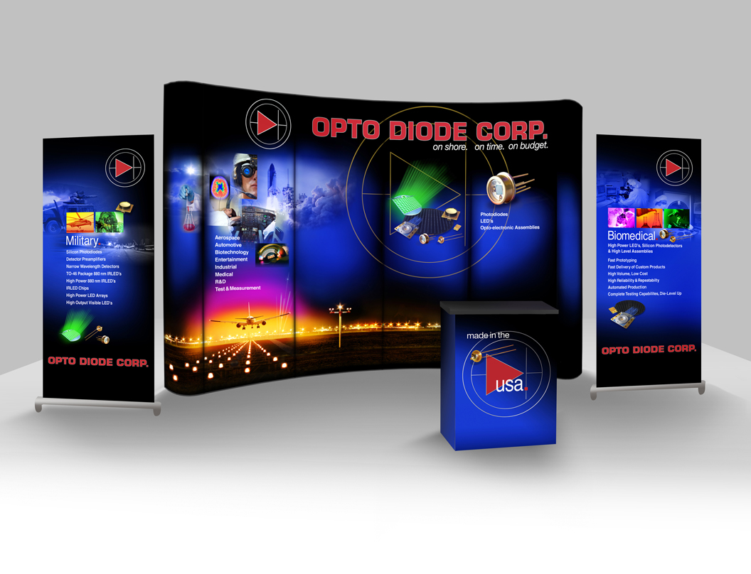 Opto Diode Backlit Trade Show Booth Features Photodetectors, LEDs, and Optoelectronic Assemblies for Biomedical, Military and Commercial Use